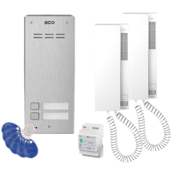 ZESTAW DOMOFONOWY ACO FAM-P-2NPACC NT + 2 UNIFONY INS-UP720B + ZASILACZ NA SZYNĘ DIN 15V